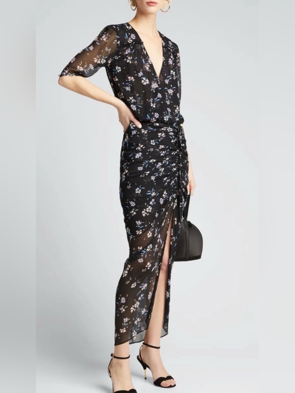 Veronica Beard Silk Mariposa Black Floral Semi Sheer Ruched Midi Dress Sz 8 - Picture 6 of 14